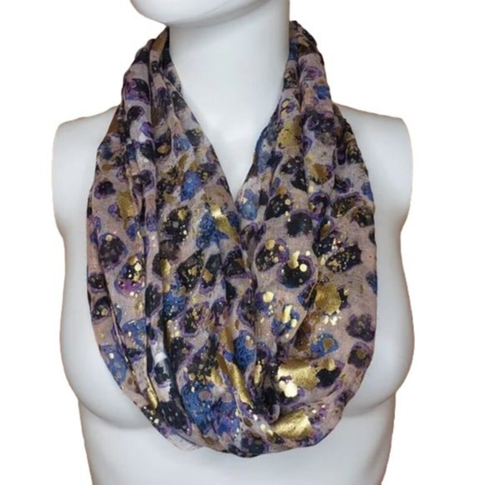 ABSTRACT GOLD / PURPLE INFINITY SCARF WITH SILVER CHAIN DETAIL